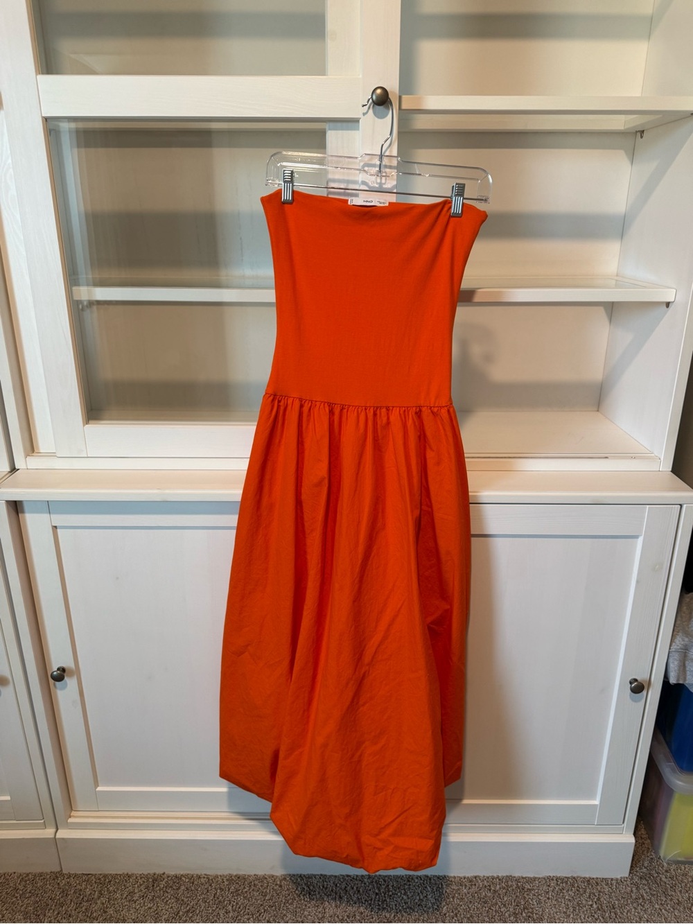 Mango Strapless Orange Midi Dress Bubble Hem